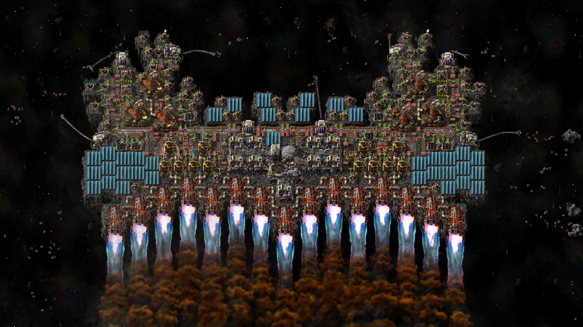 Space platform with thrusters and asteroids in Factorio: Space Age